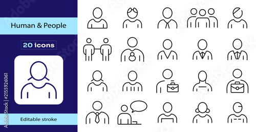 Human and people editable stroke icon set featuring user profiles, employees, teams, business professionals, customers, families and diverse communication symbols.