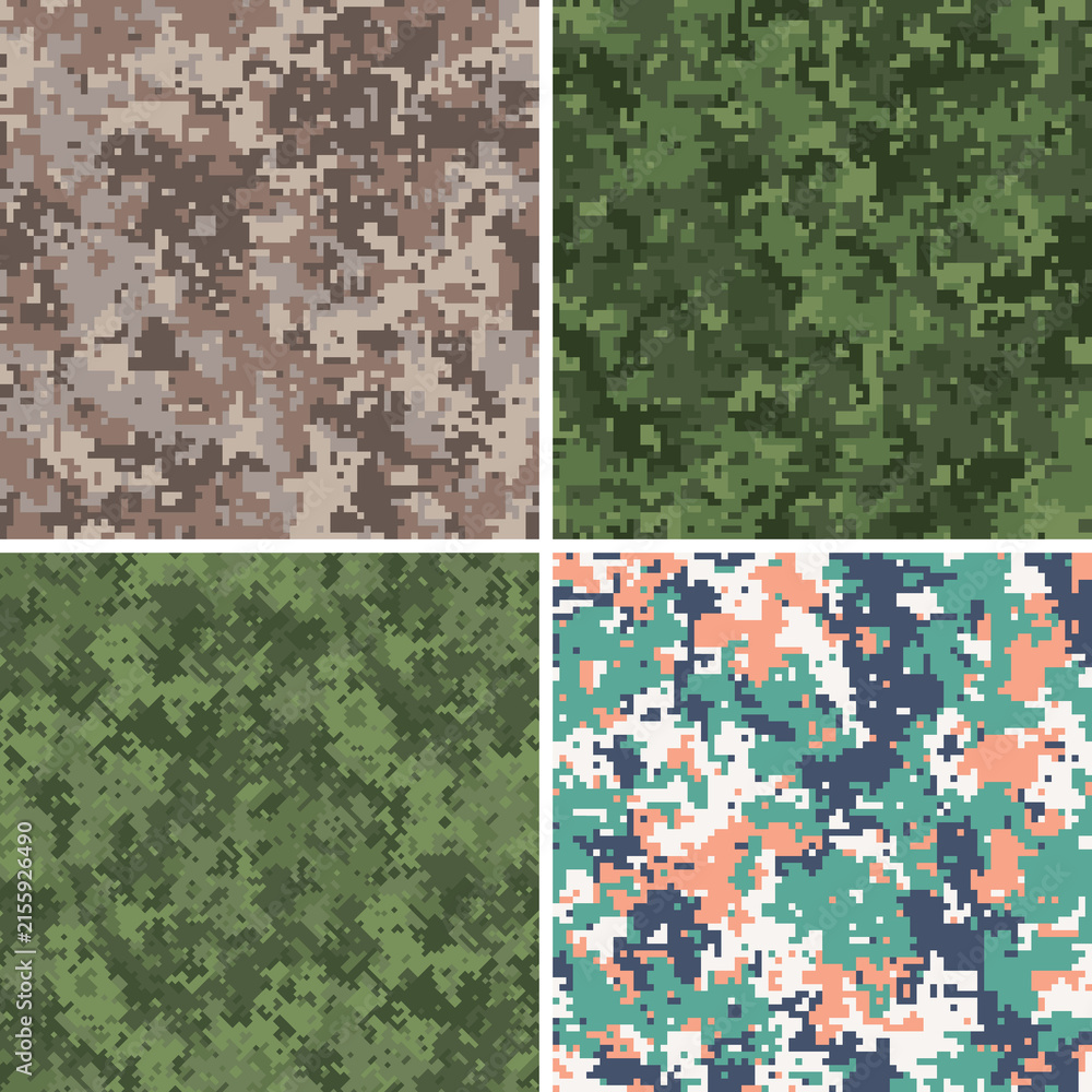 Naklejka premium Four seamless camouflage swatches feature smoke, olive, moss, cobalt palettes plus granular organic marks, marine pack suits apparel, wallpapers, packaging, branding, textiles, covers, graphics asset.