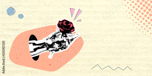 Fotografie A cybernetic robotic arm emerges from a portal, holding a dark red rose; this is