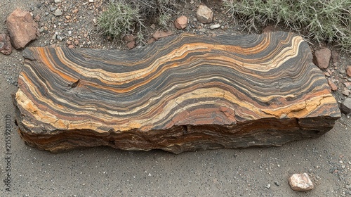 Stratified rock displays wavy, multi-colored bands; sandy soil surrounds