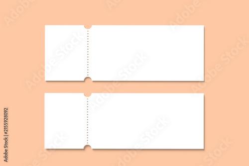 Two blank ticket mockups with tear off stub on pastel background 3d rendering