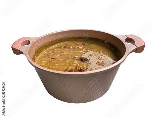 Side view of beans and sausage in pot