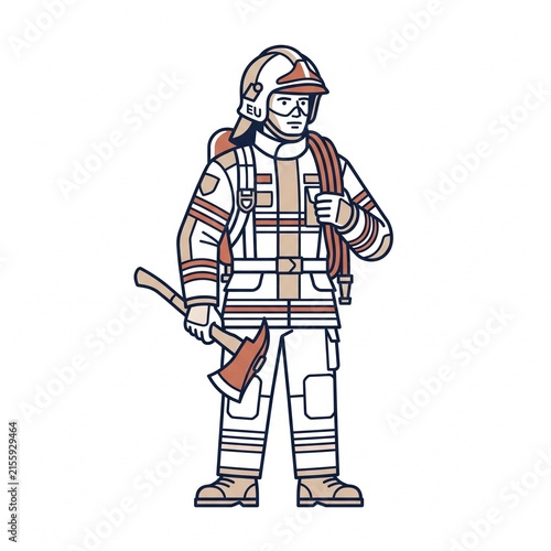 Professional Firefighter Illustration. Emergency Rescue Worker and Fire Safety Concept.