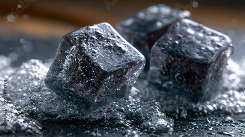 Dark frozen ice cubes resting in cold water creating icy surface texture
