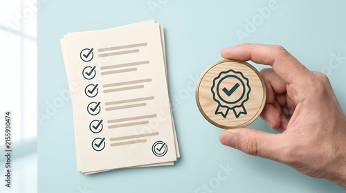 Hand holding quality assurance badge next to checklist