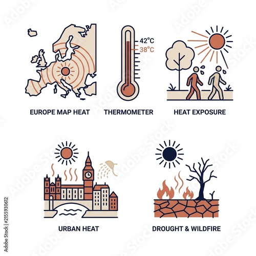 Europe Climate Change and Heat Exposure Illustration. Extreme Weather Environmental Awareness Concept.