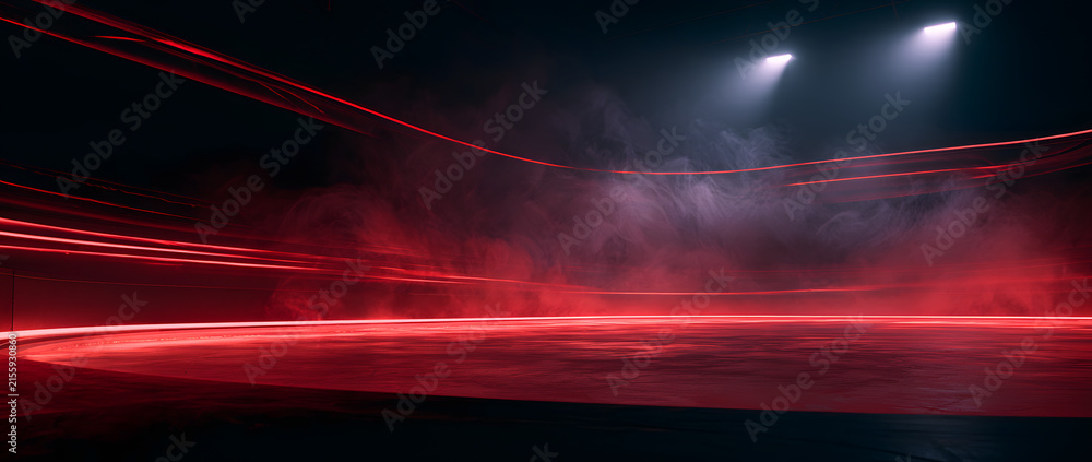 Naklejka premium This is a red ice rink background with red neon lights and spotlights, with smoke. It can be used for hockey competitions and winter posters. Ice skating and stock created from a red background. Stadi