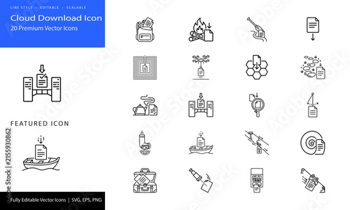 Editable line style cloud download vector icons set for business tech