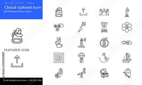 Cloud upload icons with line style graphics for business presentations