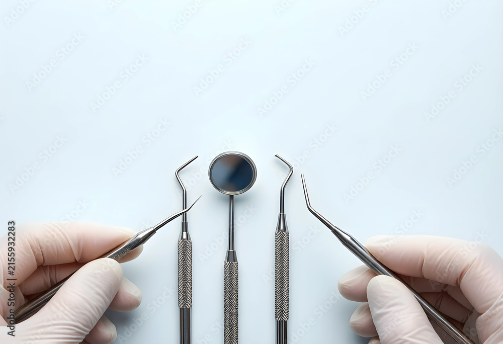 Fototapeta premium Dentists hands in white gloves holding dental instruments, oral hygiene and health care concept, light blue background