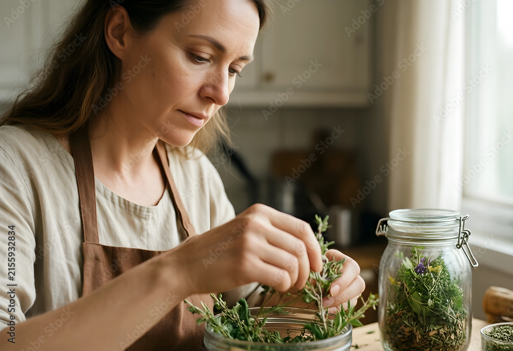 Fototapeta premium Woman in an apron preparing fresh herbs for drying and storage in a home kitchen setting, She is carefully stripping leaves from stems, with a glass jar filled with dried herbs visible nearby