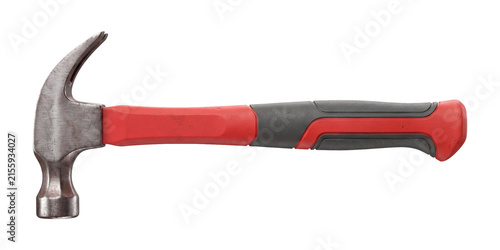 Metal claw hammer with red handle isolated on a white and transparent background. Carpenter tool.