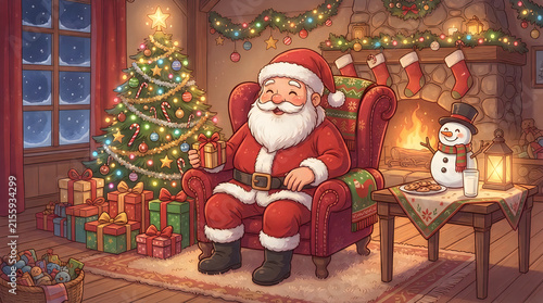 Santa claus sitting in armchair by christmas tree and fire illustration