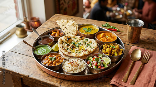 Traditional Indian Thali platter with assorted curries, rice, and fresh naan bread