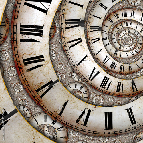 Surreal Infinite Spiral of Vintage Clock Faces Creating a Timeless Abstract Pattern