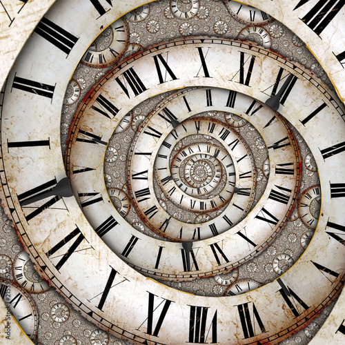 Surreal Infinite Spiral of Vintage Clock Faces Creating a Timeless Abstract Pattern