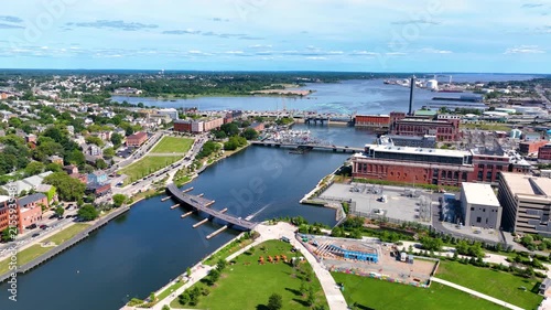 Providence River aerial view including Provicence River Bridge, with Narragansett Bay at the background, downtown Providence, Rhode Island RI, USA.