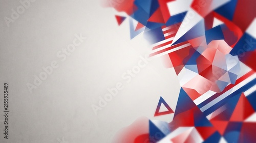  Abstract Red White Blue Geometric Background with Floating Shapes and Copy Space, Fourth of July, USA Independence Day, Memorial Day, Patriotic American Celebration and Modern Holiday Banner