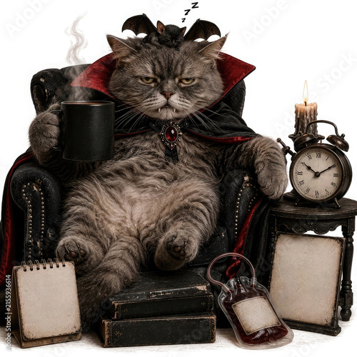 grumpy cat dressed as a vampire sits in a dark gothic chair with a bat, candle, antique clock and blank frames, creating a spooky Halloween atmosphere.