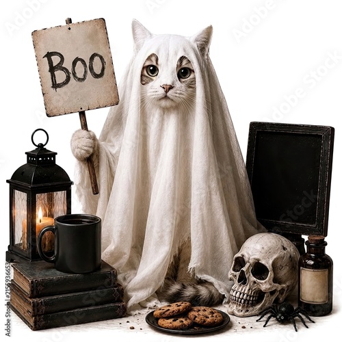 white cat dressed as a ghost for Halloween, holding a spooky BOO sign and surrounded by a skull, spider, candles, old books and cookies on a white background.