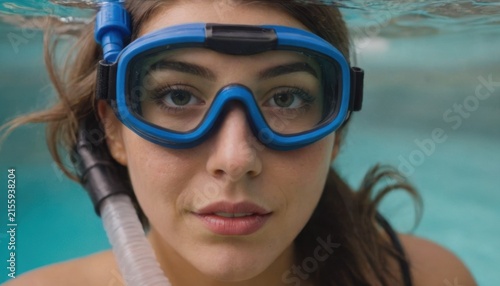 Portrait of young woman wearing blue diving goggles indoors