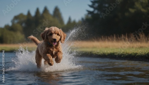 Golden retriever puppy running and splashing water in lake outdoors
