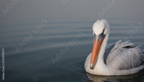 Pelican swimming on calm blue water surface portrait