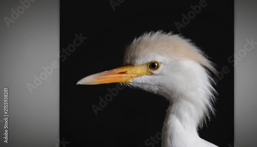 Profile headshot of cattle egret on solid black background