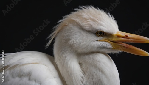 Side profile portrait of white egret with feathered crest