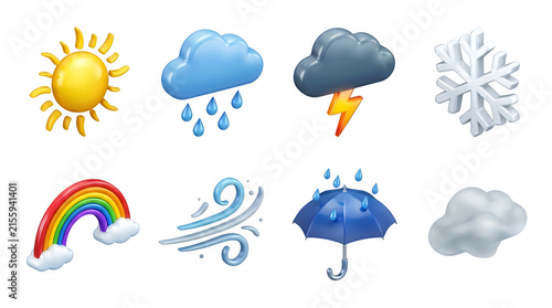 Stylized weather icons including sun rain cloud storm snowflake rainbow wind umbrella and fog isolated on transparent background