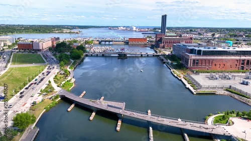 Providence River aerial view including Provicence River Bridge, with Narragansett Bay at the background, downtown Providence, Rhode Island RI, USA.