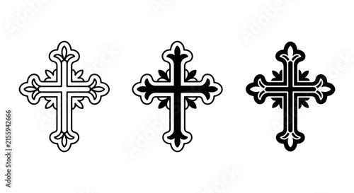 Ornate Christian Cross Icons, Religious Symbol Vector Set, Black and White Sacred Art