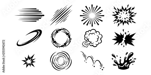 Collection of black and white abstract explosion and motion icons.