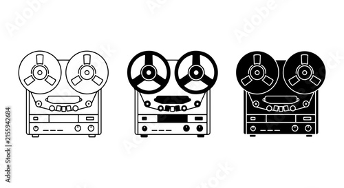 Vintage Reel-to-Reel Tape Recorder Icons, Retro Audio Equipment, Analog Sound Machine Vector Set