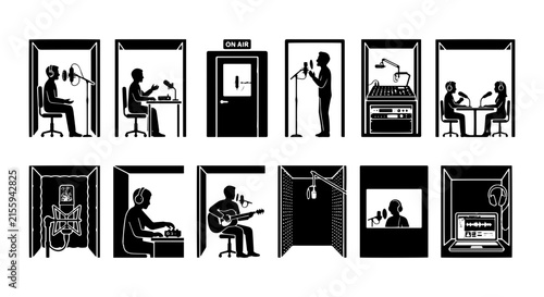 Recording Studio Booths, Diverse Audio Production Scenes, Podcast, Music Creation, Vector Icons