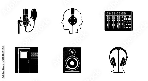 Audio Recording Studio Icons: Microphone, Headphones, Mixer, Booth, Speaker, Sound Equipment