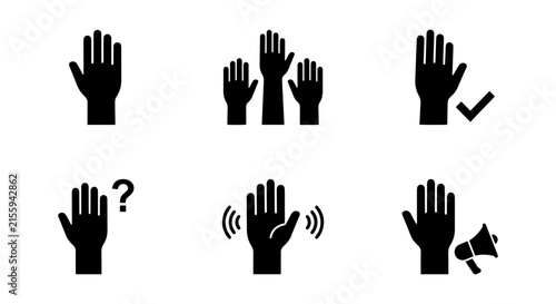 Vector Hand Icons: Voting, Questioning, Agreement, Waving, Megaphone, Silhouette Set