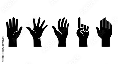 Five Black Silhouette Hands, Gestures, Counting, Communication Icons, Vector Set