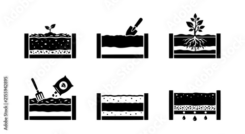 Gardening Soil Layers Icons, Plant Growth Stages, Organic Farming Vector Set