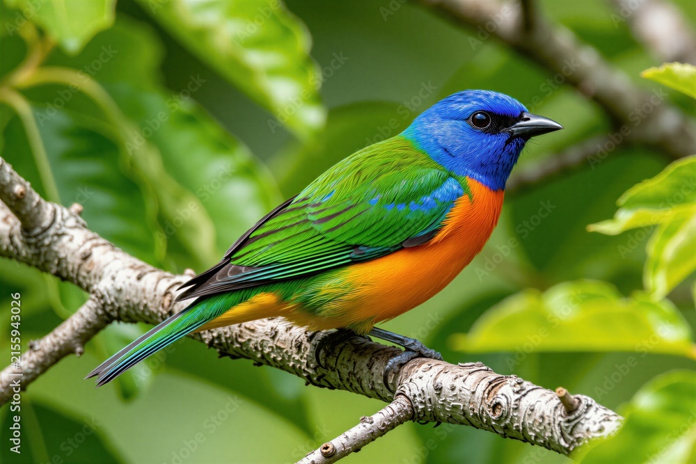 Obraz premium Male painted bunting bird perched on tree branch. Colorful songbird blue head, bright green wings with orange belly feathers. Small wild animal sits in tropical garden foliage. Exotic avian fauna