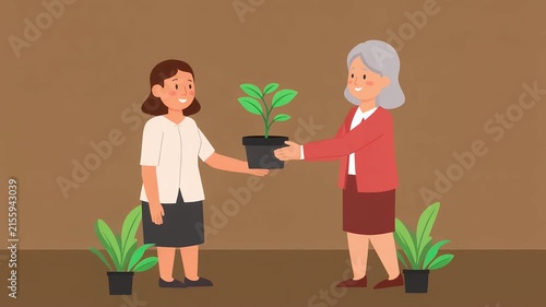 Woman Handing Over Potted Plant to an Older Woman, Animation