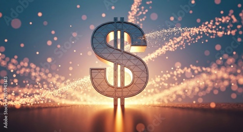 Dollar sign illuminated with glowing particles against a blurred background