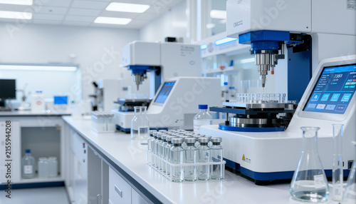 Modern laboratory equipment with automated diagnostic machines, medical research facility with glass vials and clinical testing tools