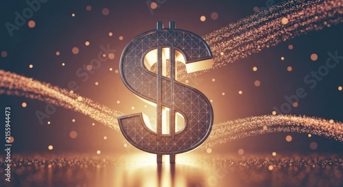 Metallic dollar sign with light trails, glowing particles on a dark backdrop