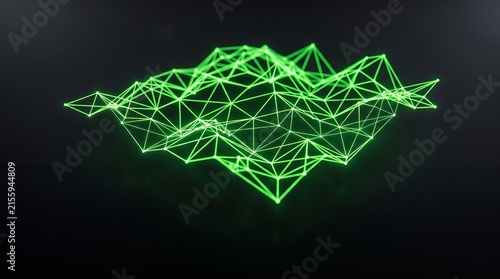 Abstract green glowing digital wireframe mesh representing a futuristic forcefield or network structure