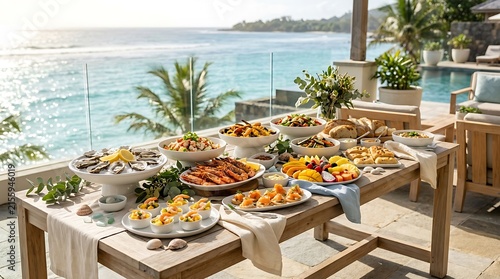 Delicious seafood buffet spread on a dining table outdoors with a beautiful ocean view in the background. coastal buffet setup