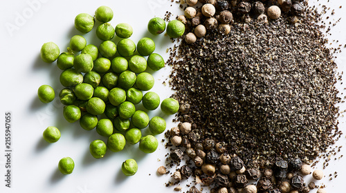 Fresh green peas and assorted peppercorns arranged artfully on a white background.
