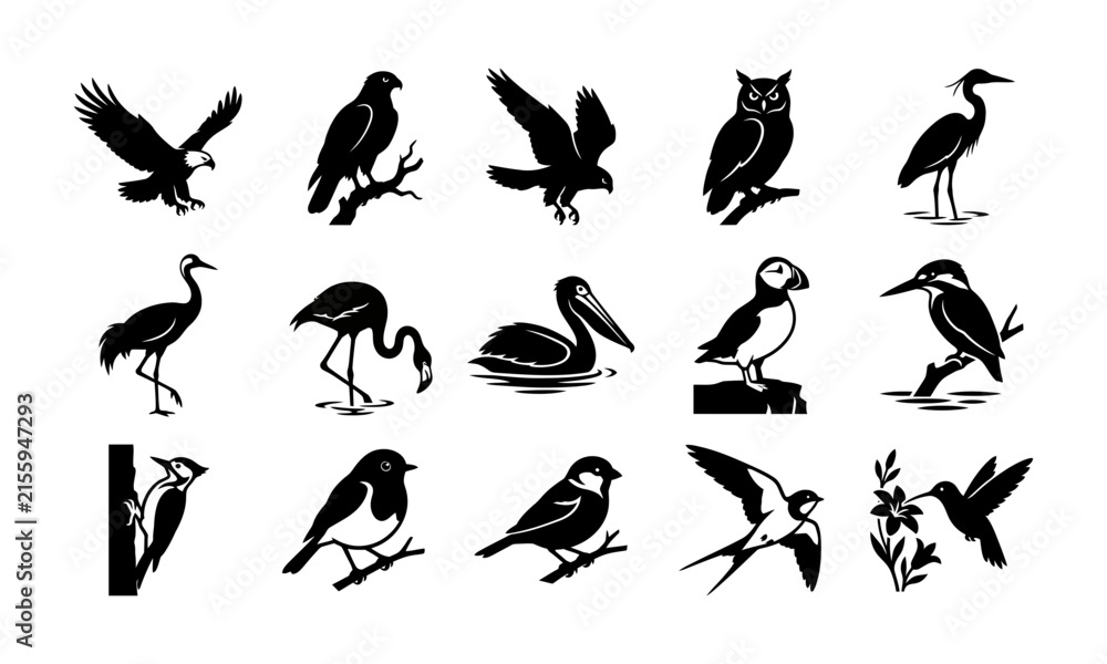 Naklejka premium Set of various wild bird silhouettes in black and white vector graphic style