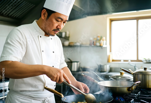 Asian male chef cooking foo...