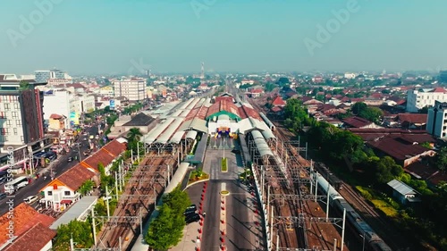 Elevated view along railway tracks and station corridor in Yogyakarta